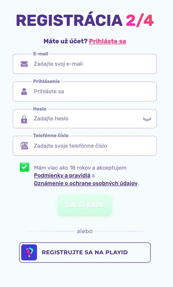Registračný formulár v SlotsPalace casino